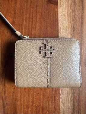 Tory Burch Taupe Pebbled Leather Zip Wristlet with Logo